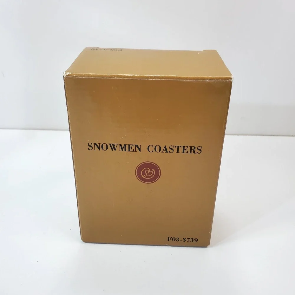 Snowman Coasters Wood and Cork Folk Art Style Set of 4 In Box Christmas Holiday